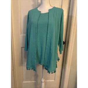 Quacker Factory NWT Tassels 3/4 Sleeve Cardigan Tank Attached Blue Green‎ Med